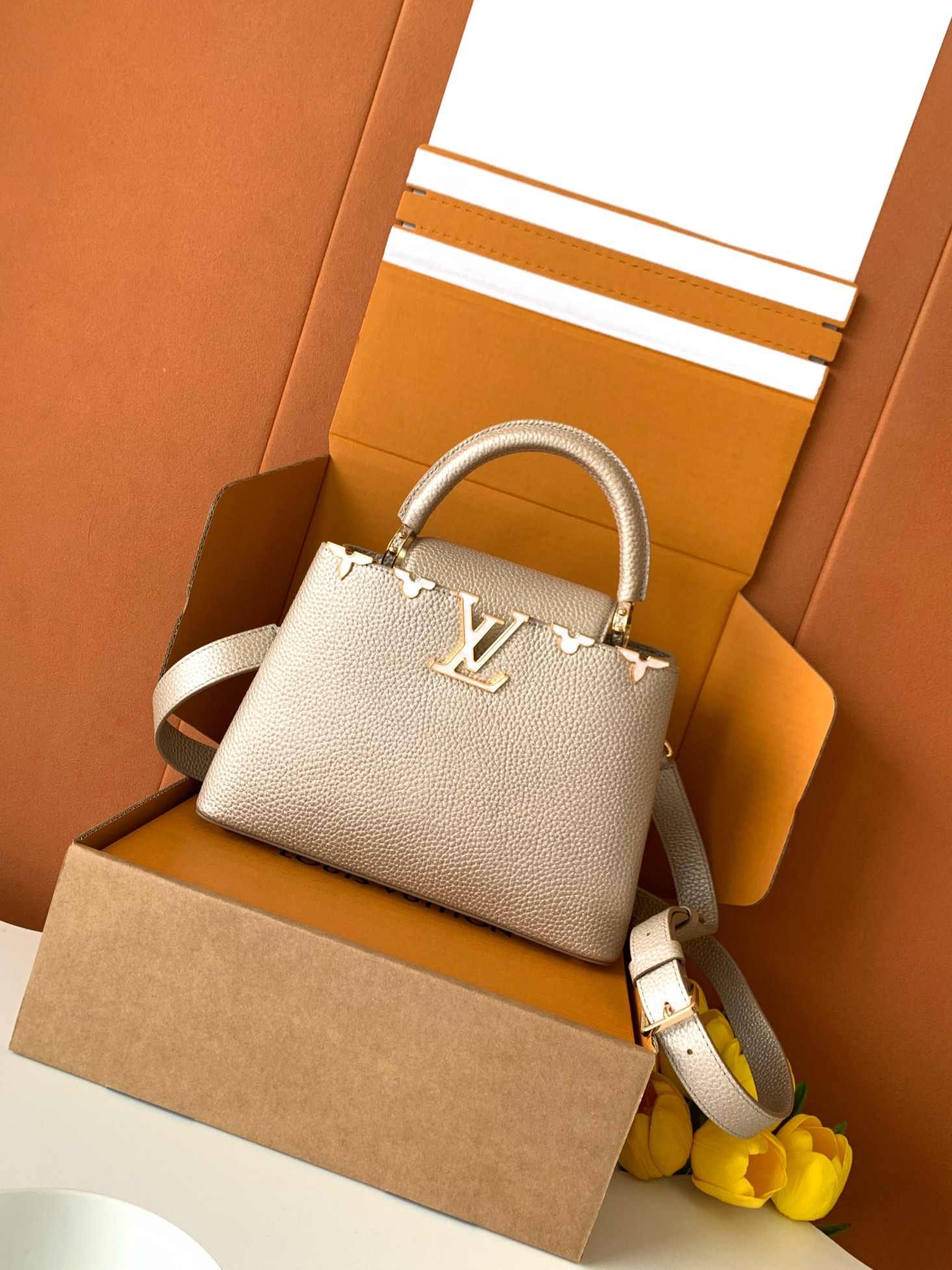 Louis Vuitton Capucines BB-Style Top-Handle Bag, Metallic khaki — M25404