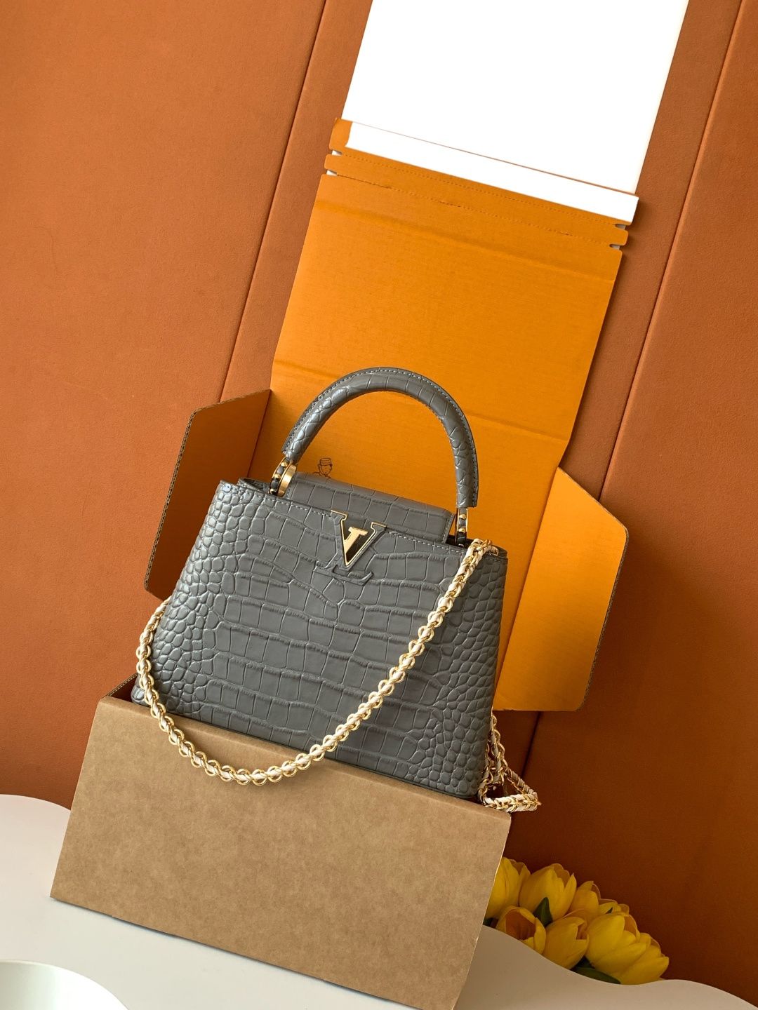 Louis Vuitton Capucines-Style Top-Handle Bag with Crocodile-Effect Texture — M81215