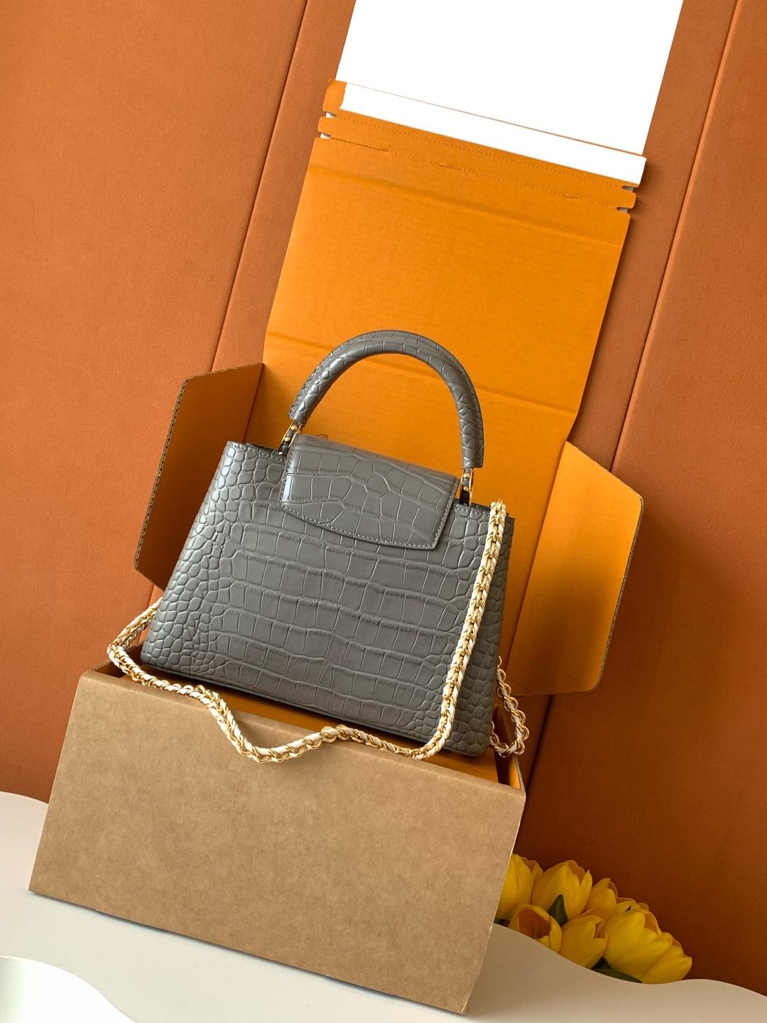 Louis Vuitton Capucines-Style Top-Handle Bag with Crocodile-Effect Texture — M81215