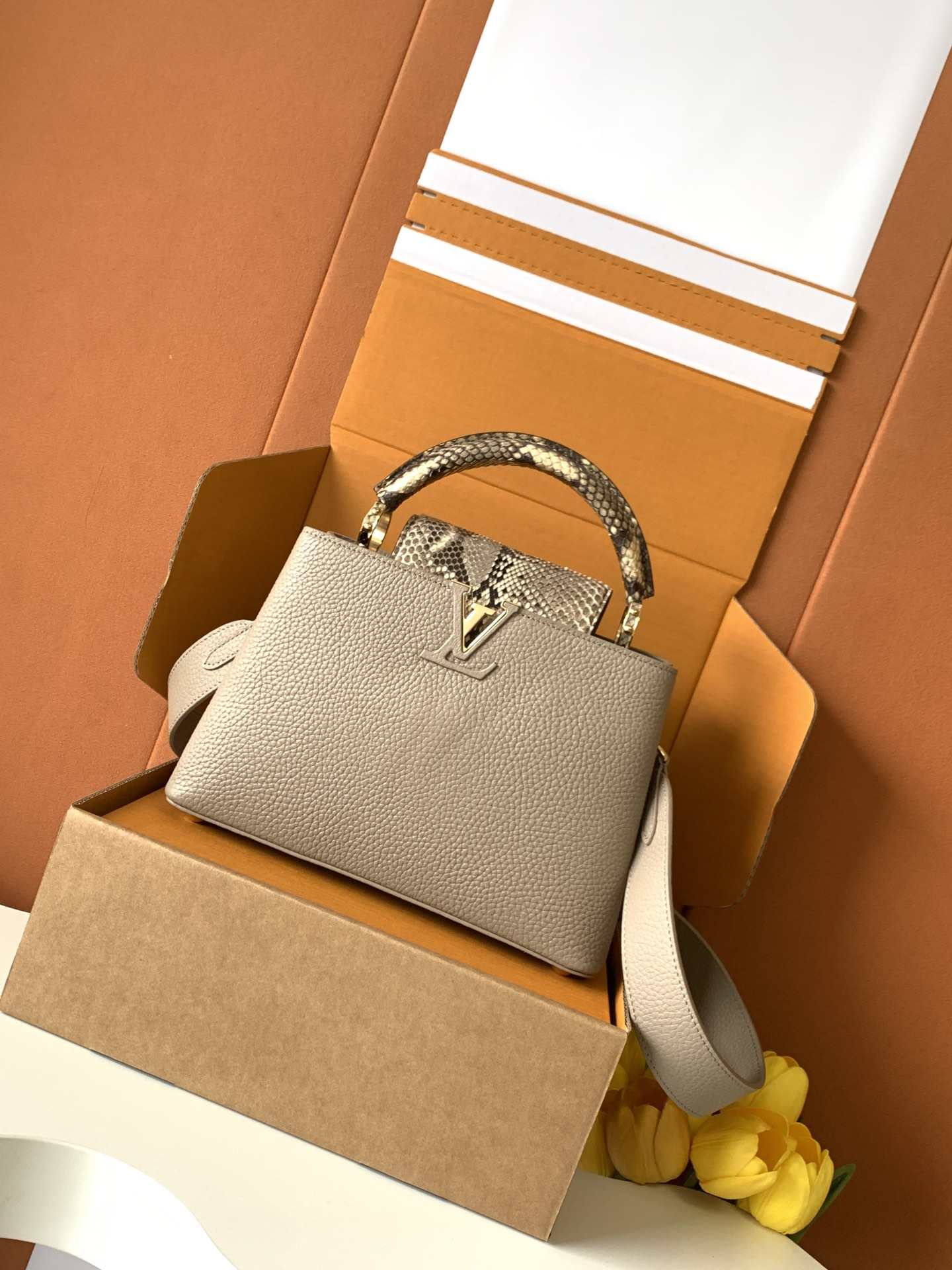 Louis Vuitton Capucines BB-Style Top-Handle Bag with Contrasting Snake-Effect Details — M81408