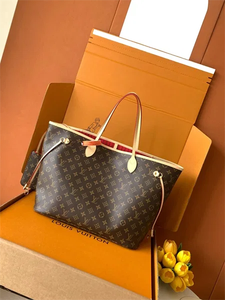 Louis Vuitton Neverfull Large Tote Bag in Monogram Pattern and Red